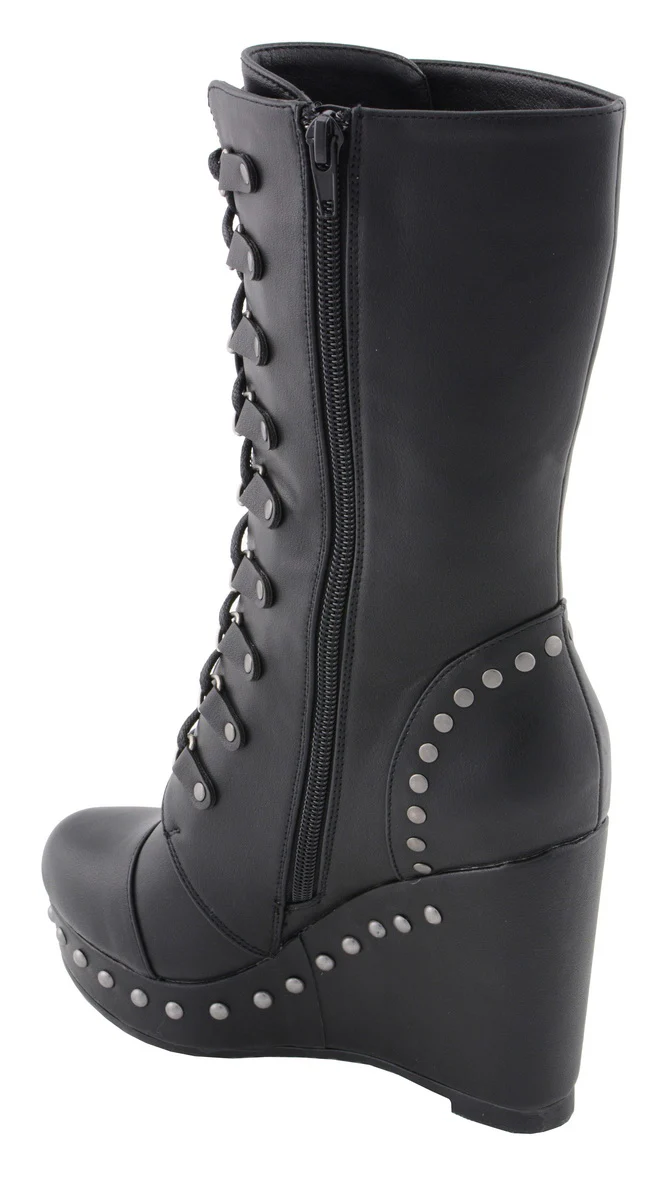Milwaukee Leather MBL9438 Women's Black Tall Lace-Up Fashion Casual Boots with Platform Wedge 6 Milwaukee Leather MBL9438 Women's Black Tall Lace-Up Fashion Casual Boots with Platform Wedge