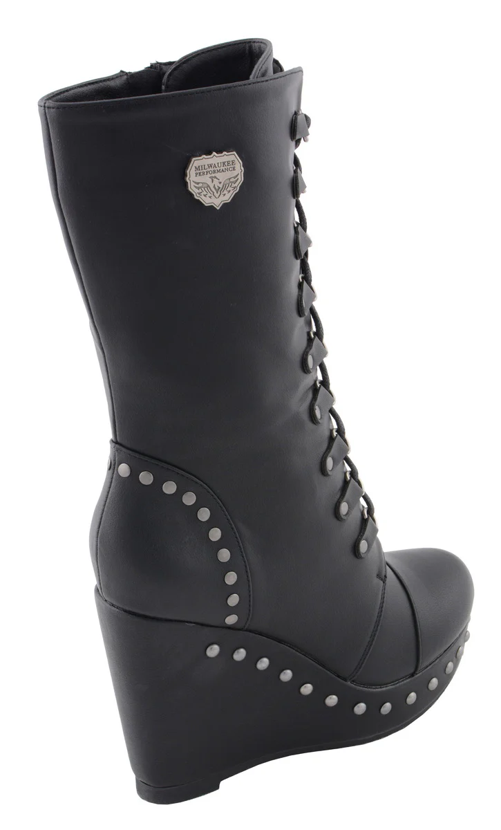 Milwaukee Leather MBL9438 Women's Black Tall Lace-Up Fashion Casual Boots with Platform Wedge 8 Milwaukee Leather MBL9438 Women's Black Tall Lace-Up Fashion Casual Boots with Platform Wedge