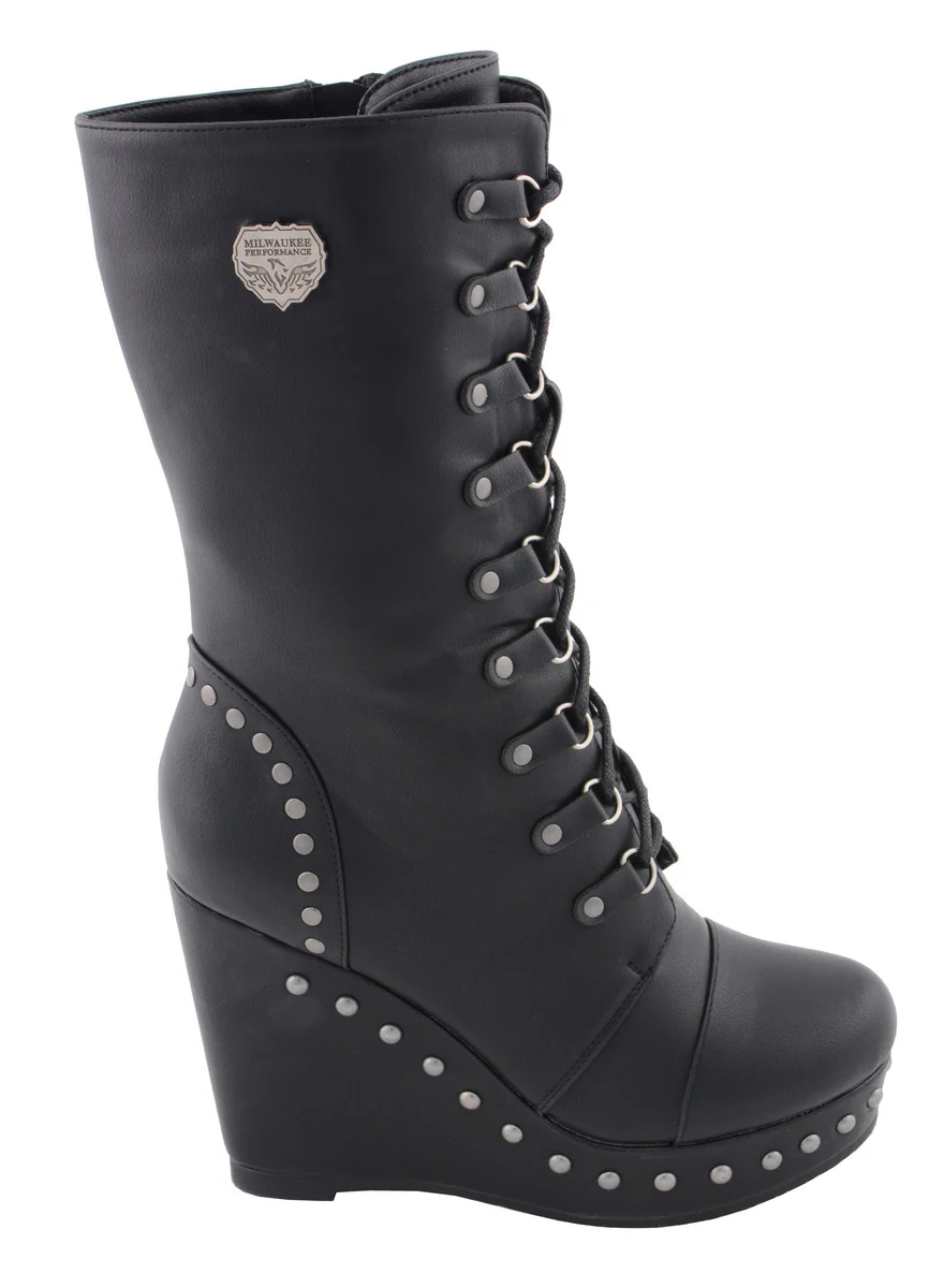 Milwaukee Leather MBL9438 Women's Black Tall Lace-Up Fashion Casual Boots with Platform Wedge 9 Milwaukee Leather MBL9438 Women's Black Tall Lace-Up Fashion Casual Boots with Platform Wedge
