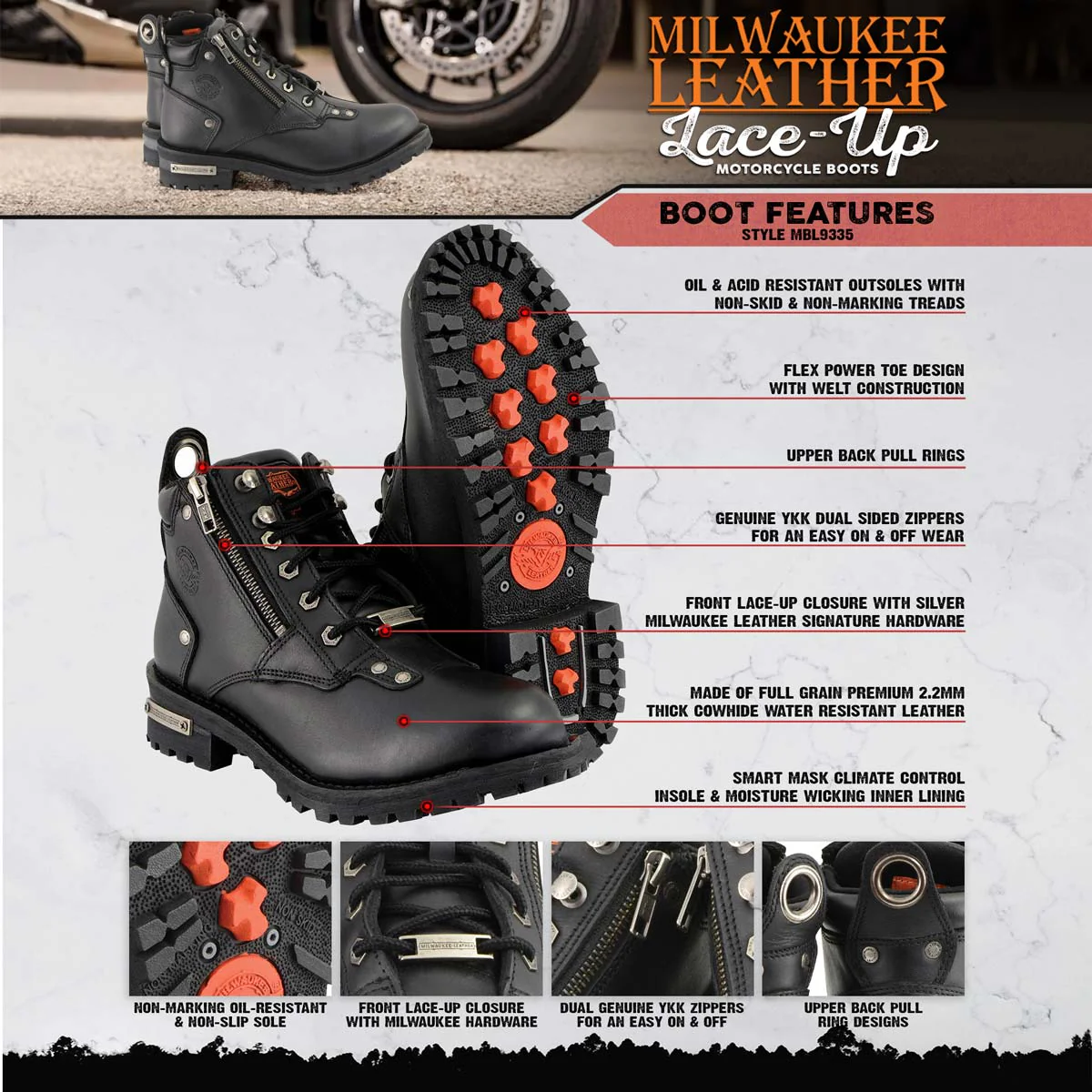 Milwaukee Leather MBL9335 Women's Premium Black Leather Low Cut Lace-Up Motorcycle Riding Boots w/ Zipper Closure 2 Milwaukee Leather MBL9335 Women's Premium Black Leather Low Cut Lace-Up Motorcycle Riding Boots w/ Zipper Closure