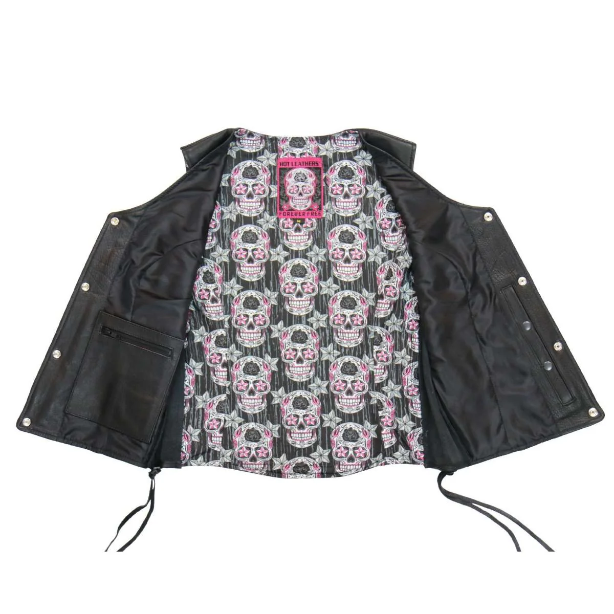 Hot Leathers VSL1017 Ladies 'Sugar Skull' Lined Black Leather MC Vest 2 Hot Leathers VSL1017 Ladies 'Sugar Skull' Lined Black Leather MC Vest