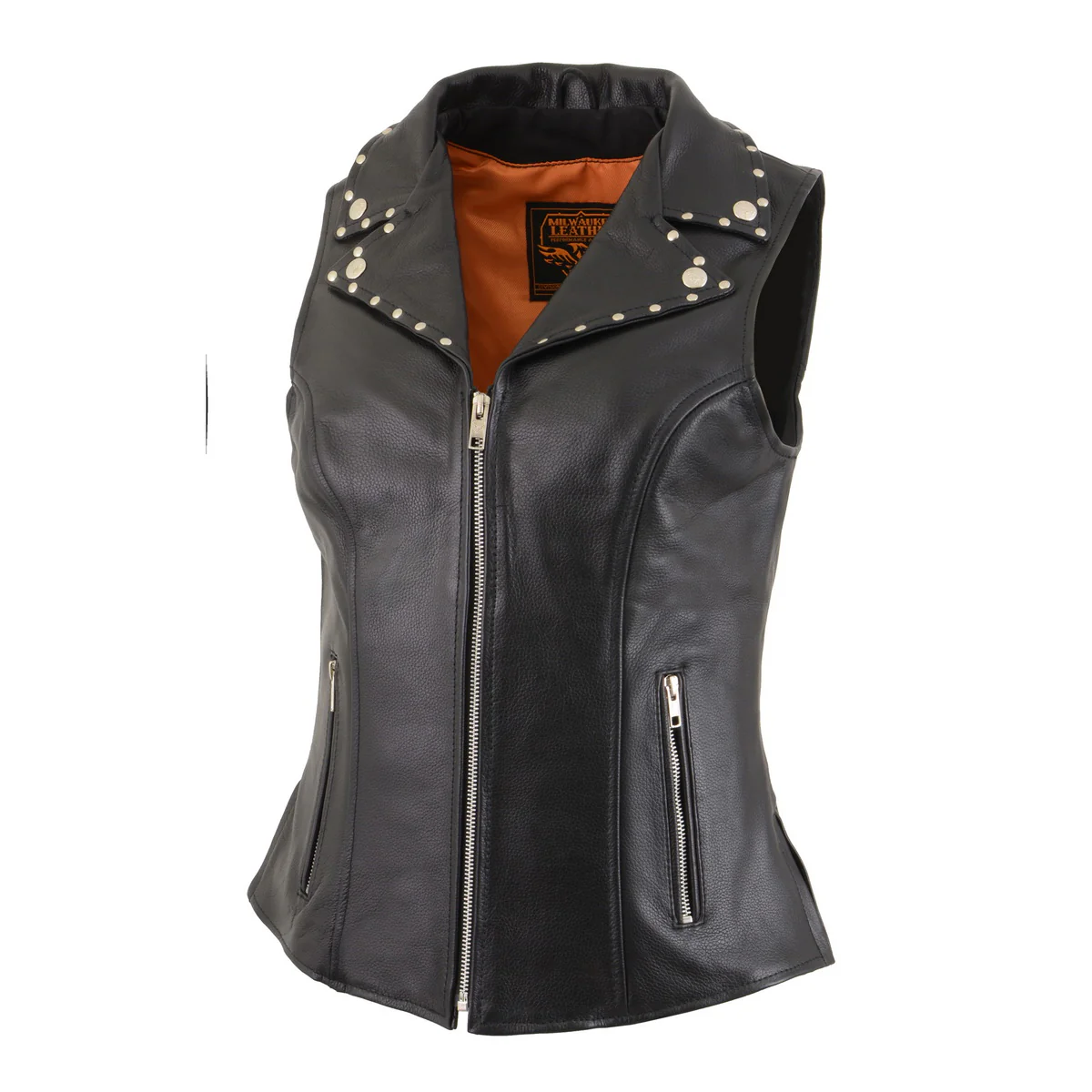 Milwaukee Leather MLL4503 Women's Black V-Neck Leather Classic Motorcycle Rider Vest w/ Riveted Lapel Collar 4 Milwaukee Leather MLL4503 Women's Black V-Neck Leather Classic Motorcycle Rider Vest w/ Riveted Lapel Collar
