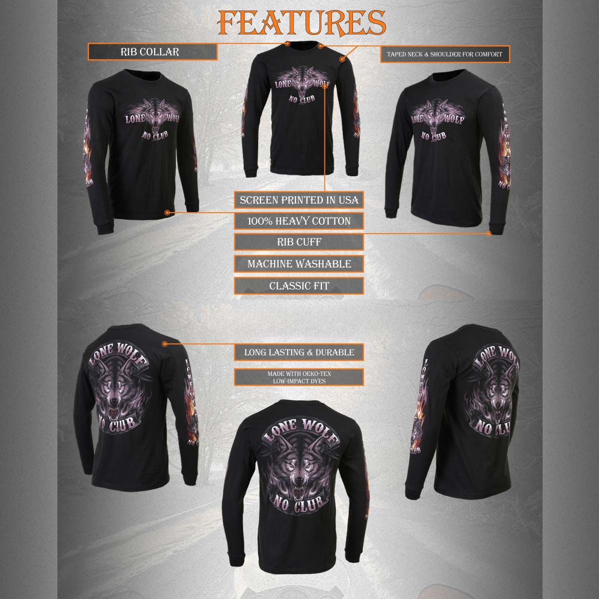 Milwaukee Leather MPMH117001 Men's 'Lone Wolf No Club' Biker Long Sleeve T-Shirt 17 Milwaukee Leather MPMH117001 Men's 'Lone Wolf No Club' Biker Long Sleeve T-Shirt