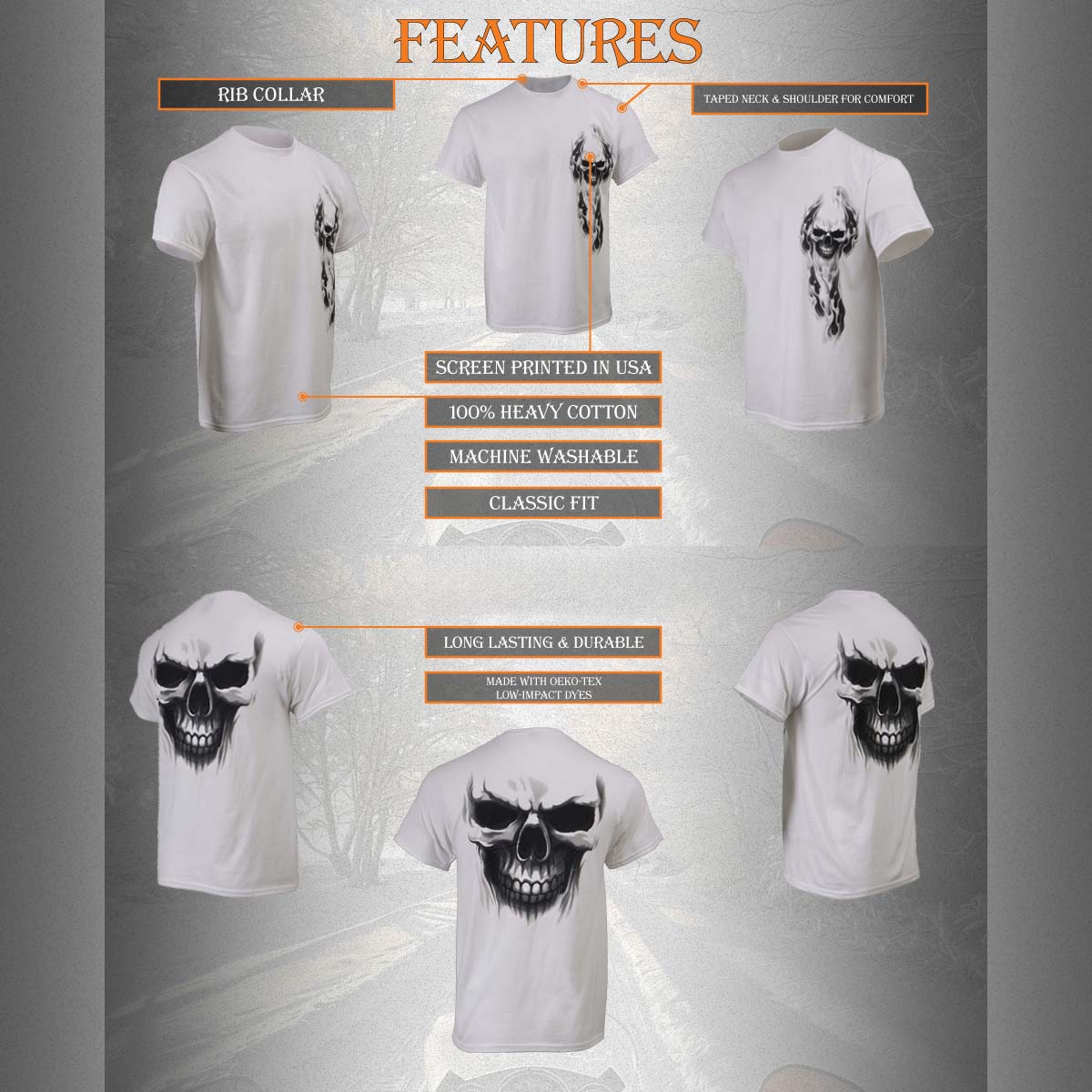 Milwaukee Leather MPMH116001 Men's 'Ghost' Skull Double Sided White Printed T-Shirt 16 Milwaukee Leather MPMH116001 Men's 'Ghost' Skull Double Sided White Printed T-Shirt